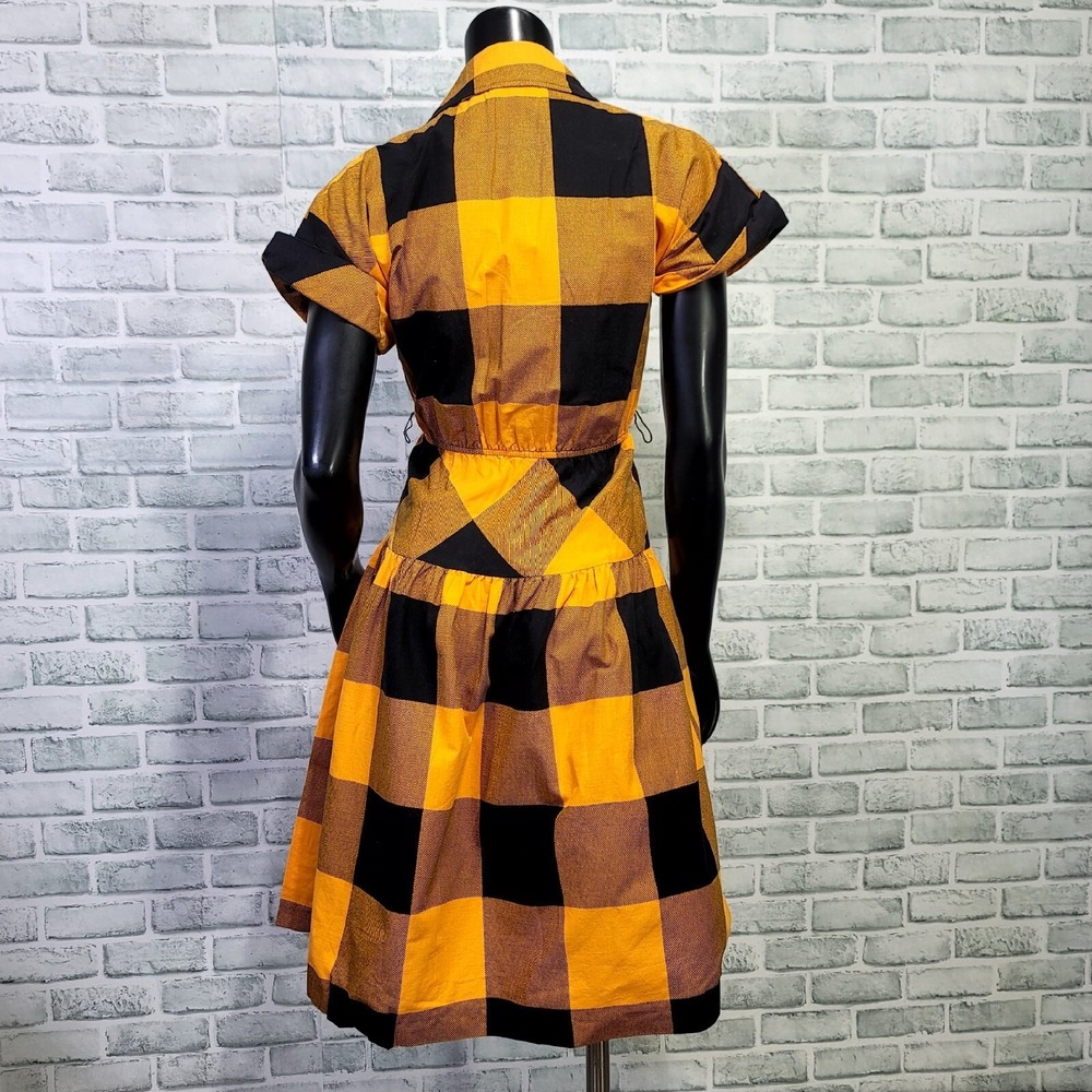 Vintage 70s 80s Joni Blair Dress Womens XS/S Orange Black Buffalo Plaid Cotton - Picture 6 of 11